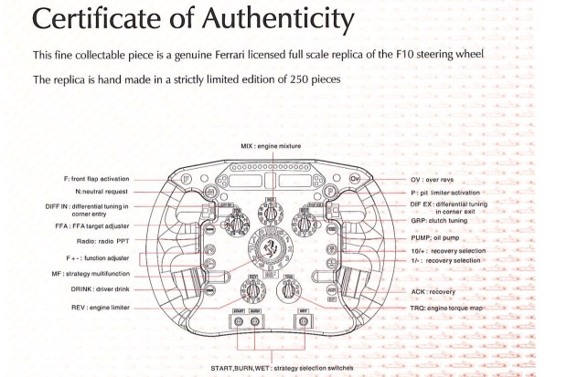 g-181-coa-1-81239-1 No Reserve: Ferrari F10 F1 Steering Wheel Replica by Amalgam Collection