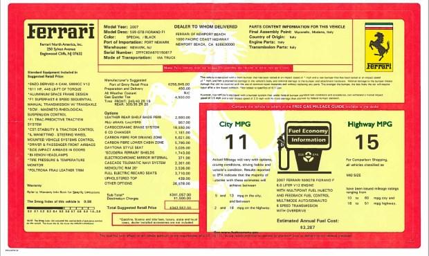 599_window_sticker-72787-1 17k-Mile 2007 Ferrari 599 GTB Fiorano