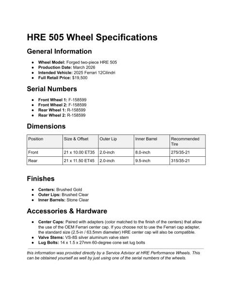 No Reserve: 21×10″ and 21×11.5″ HRE 505 Wheels for Ferrari